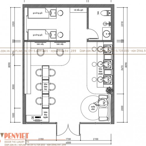 Mặt bằng phân chia công năng tiệm nail Starlight Nails